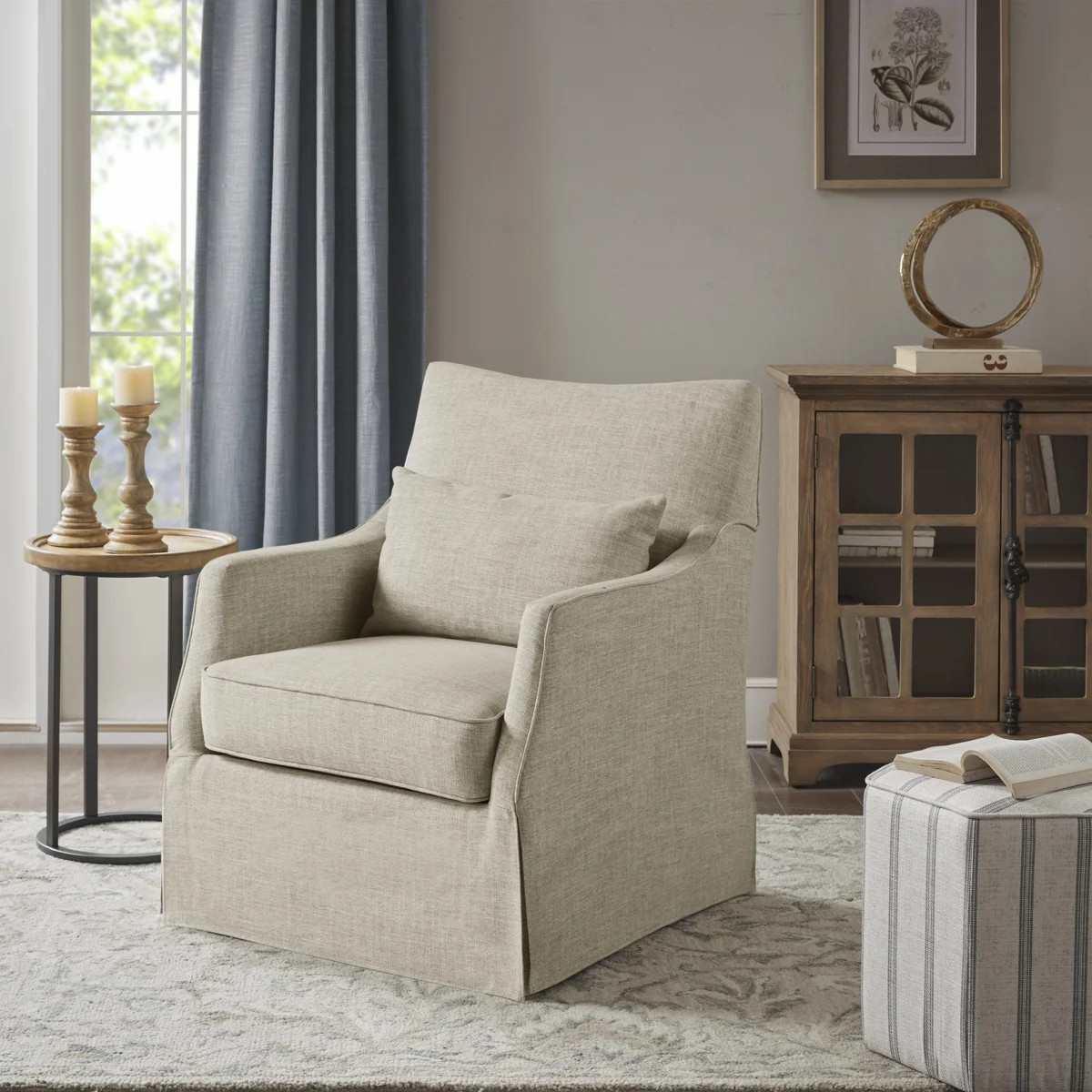 Bedford London Upholstered Skirted Swivel Armchair with Lumbar Pillow | Wayfair North America