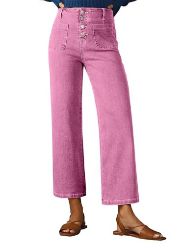 Sidefeel Women's Wide Leg Jeans High Waisted Stretchy Straight Leg Jeans Buttoned Loose Denim Pants with Pocket Pink Size 14 | Amazon (US)