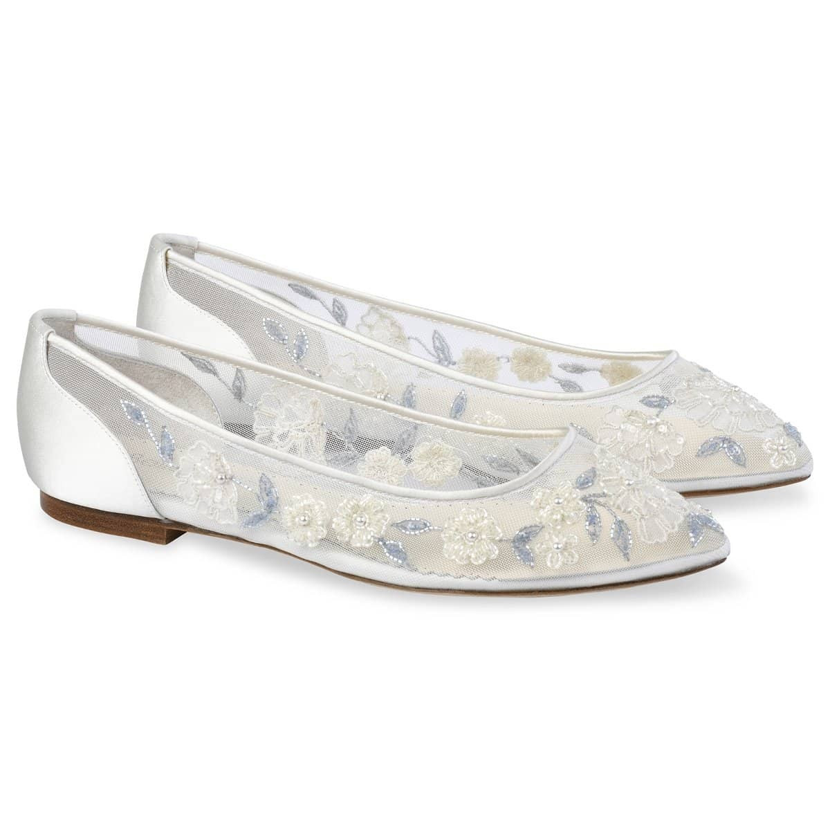 Baby Blue Floral Lace Ivory Wedding Flats | Bella Belle Shoes