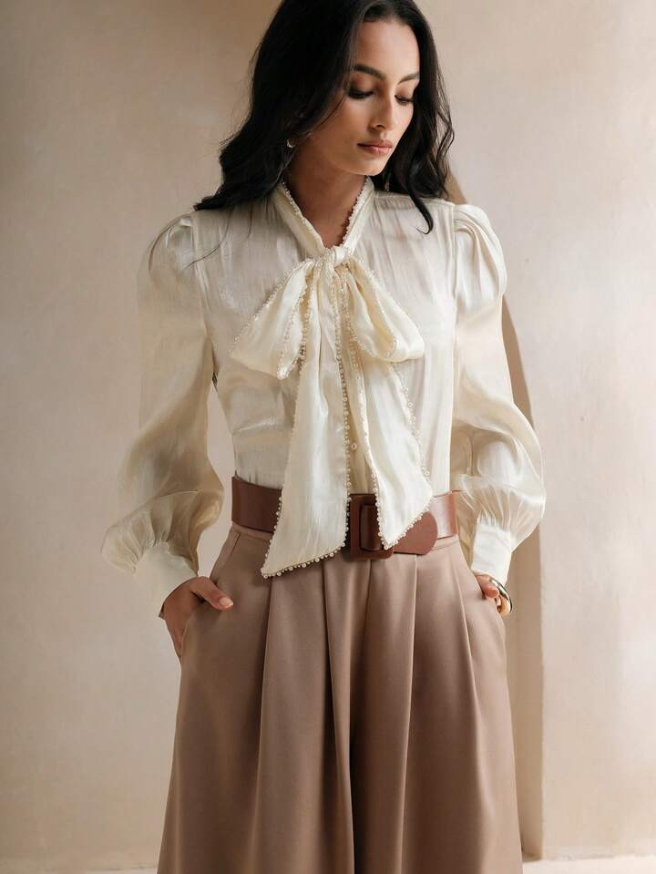 Anewsta Apricot Pearl Knot Loose Long Sleeve Blouse For Women Women Shirt | SHEIN
