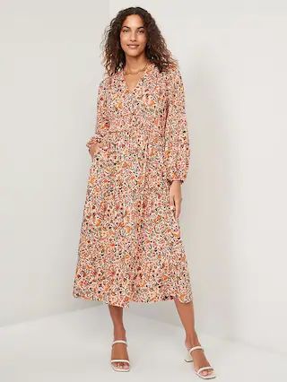 Waist-Defined Puff-Sleeve Floral Smocked Midi Dress for Women | Old Navy (US)