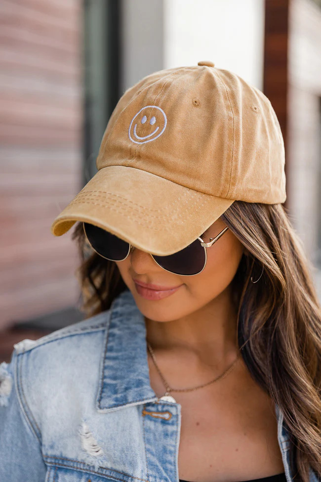 Smiley Face Embroidered Camel Baseball Cap | Pink Lily