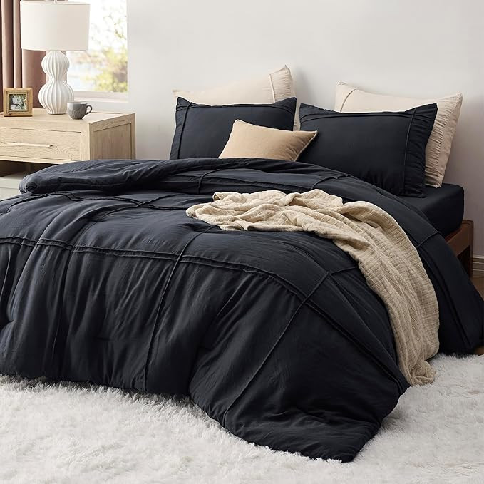 Bedsure Queen Comforter Set with Sheet - 4 Pieces Soft Black Bedding, Grid Pinch Pleat, All Seaso... | Amazon (US)