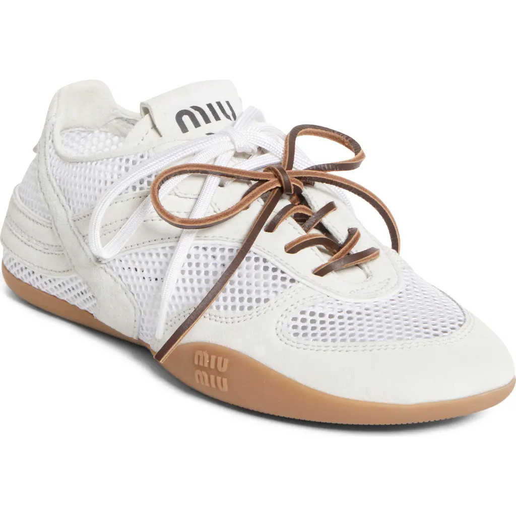 Miu Miu Gymnasium Mixed Media Low Top Sneaker in Bianco at Nordstrom, Size 5Us | Nordstrom