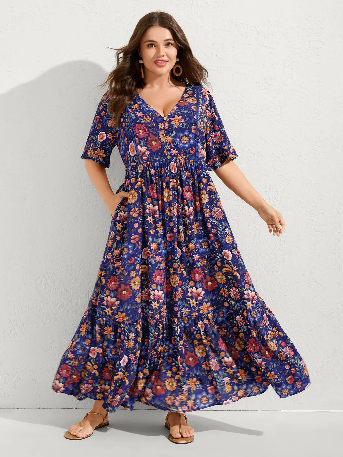 Rayon Floral Lace Trim Button Maxi Dress | Bloomchic