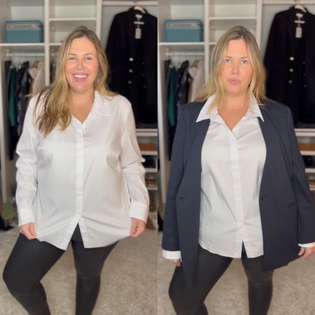 LOVE this button up
get your regular size
stretch, machine washable, and wrinkle free fabric 
Blazer runs big, size down. It’s not my favorite fit of a blazer to be honest but I love the length and it’s very cool, beautifully made! 
Spanx sale happening today!

#LTKCyberweek #LTKsalealert #LTKworkwear