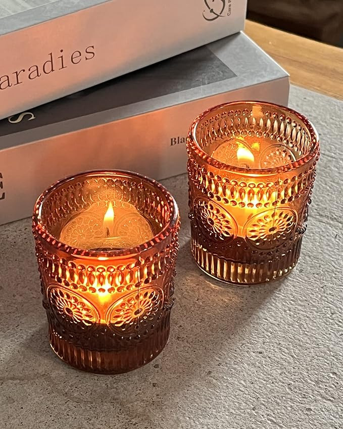 Glass Votive Candle Holders Amber Set of 12, Tea lights Candle Holder for Wedding Table, Votives ... | Amazon (US)