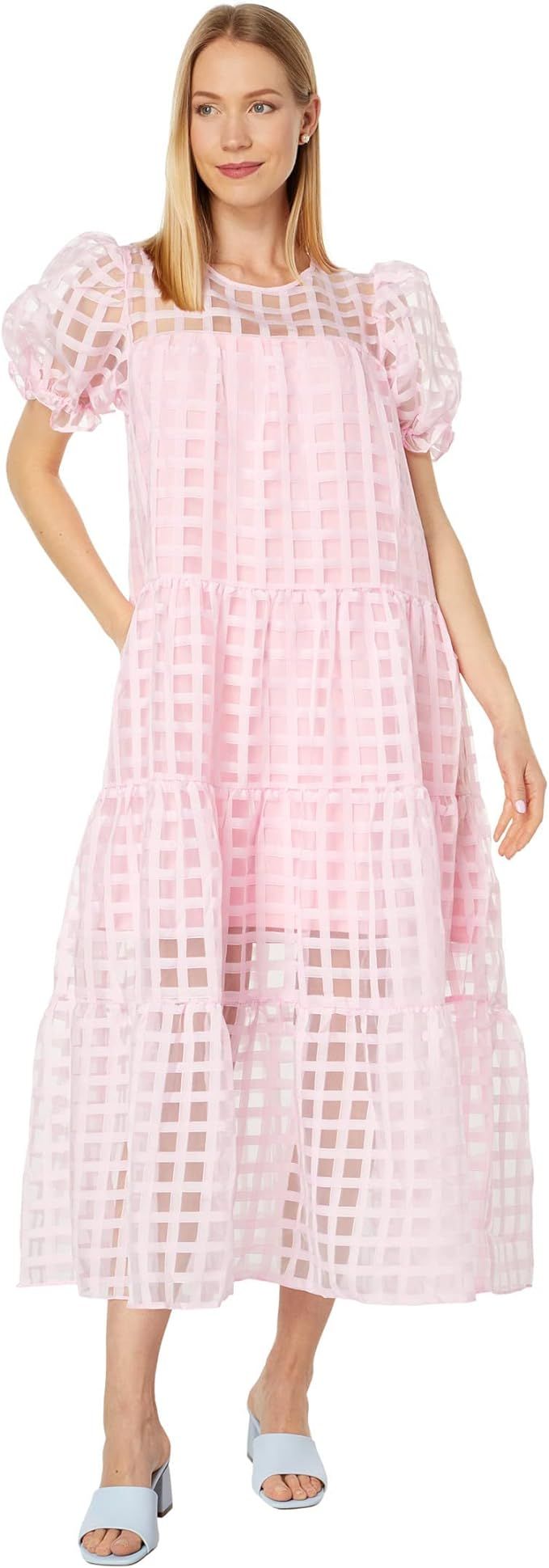 English Factory Organza Gridded Puff Sleeve Maxi Dress Pink SM | Amazon (US)
