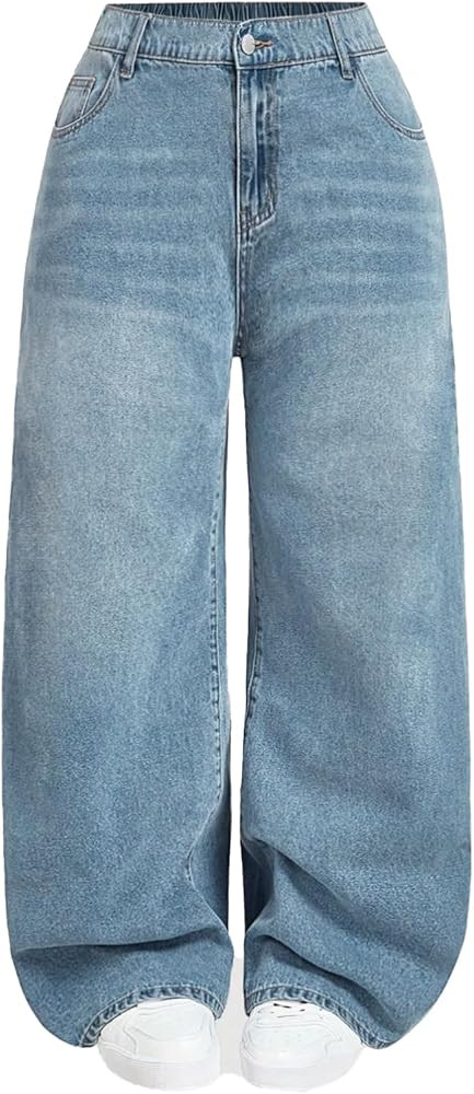 High Waist Wide Leg Jeans, Light Blue Denim, Elastic Waistband, Baggy Fit | Amazon (US)