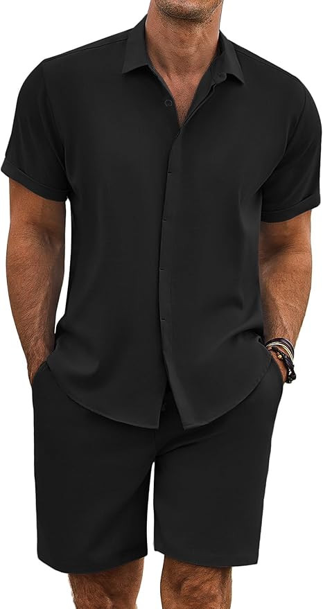 COOFANDY Men's Summer Beach Outfits 2 Piece Short Sleeve Shirts and Shorts Vacation Texture Linen... | Amazon (US)