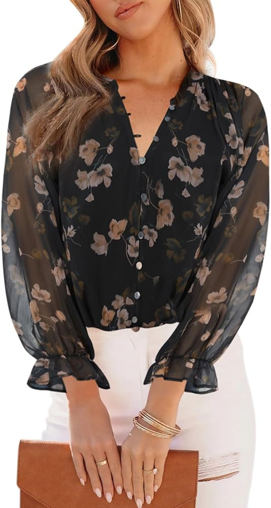 Womens Casual Boho Floral Print V Neck Long Sleeve Blouses Button Down Shirts Dressy Chiffon Loos... | Amazon (US)