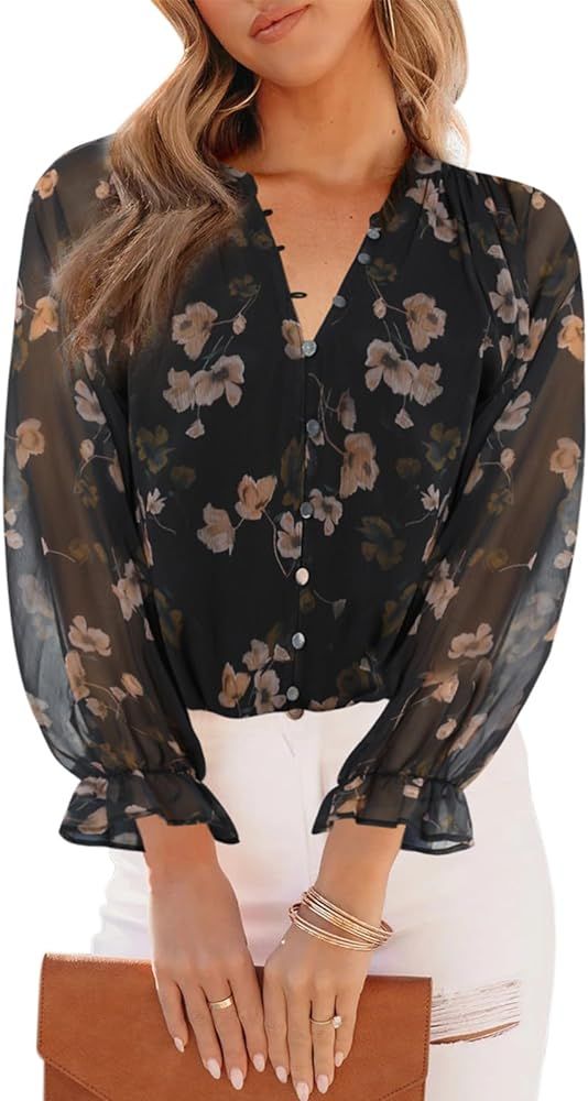 Womens Casual Boho Floral Print V Neck Long Sleeve Blouses Button Down Shirts Dressy Chiffon Loos... | Amazon (US)