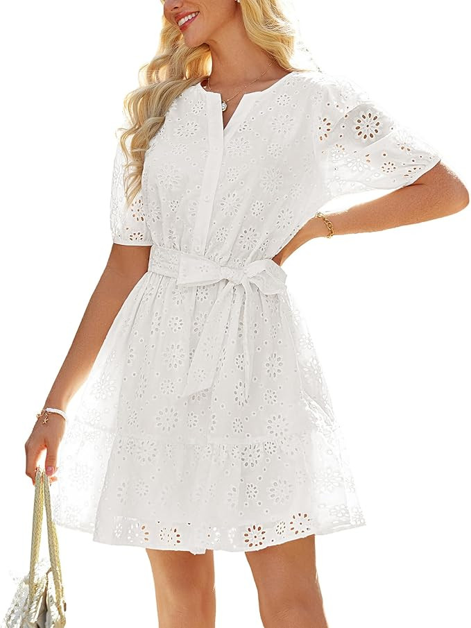GRACE KARIN Womens Eyelet Vacation Dress Summer Casual A-line Mini Sundress Puff Sleeve Tie V Nec... | Amazon (US)
