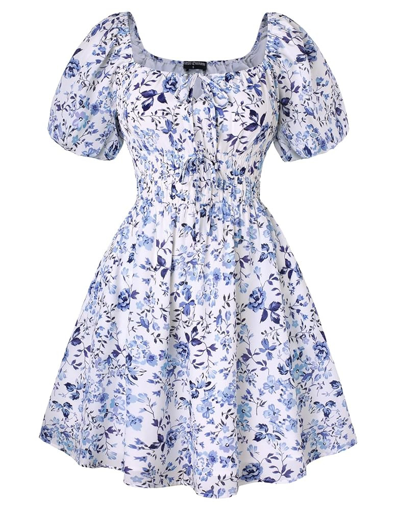 SCARLET DARKNESS Women's Floral Dress Square Neck Puff Sleeve Elastic Waist A-Line Mini Summer Dr... | Amazon (UK)