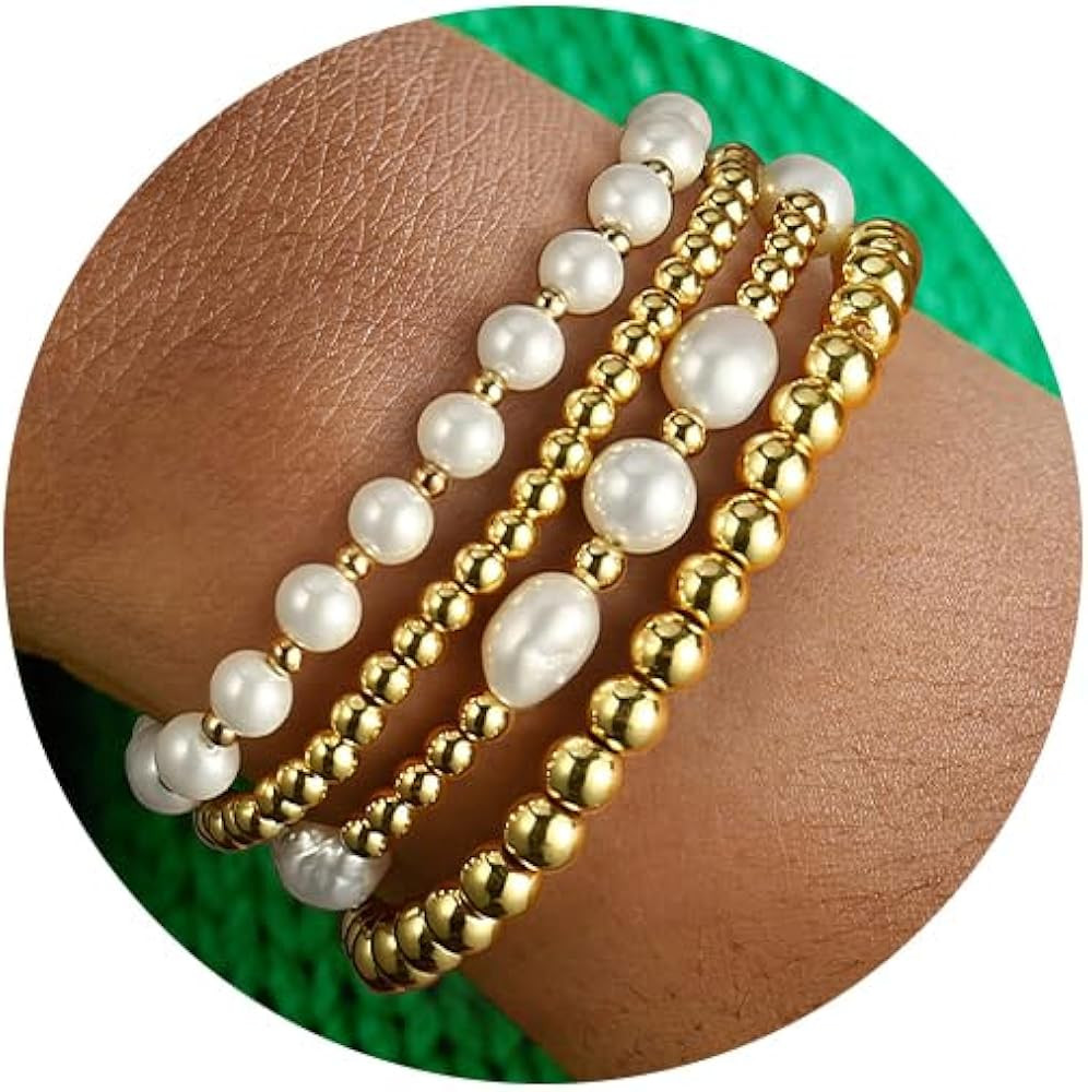 Gold Beaded Bracelets for Women Baroque Pearl Stackable14K Gold Plated Stretch Bead Ball Bracelet... | Amazon (US)