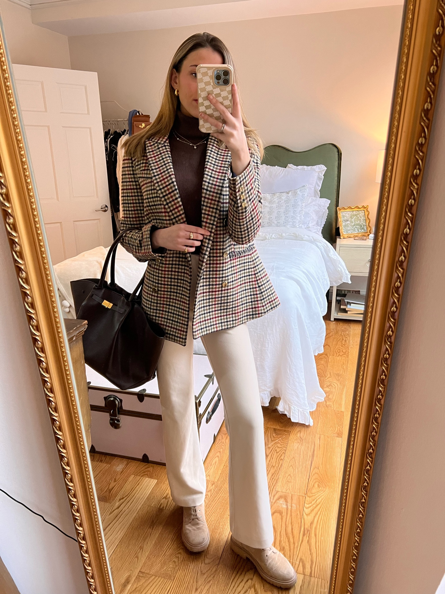 Beige trousers / checked blazer / winter blazer / layered outfit / work outfit / Demellier / work tote / brown turtleneck / basic turtleneck / suede boots / suede booties / tonal look / neutral look / winter layering / office ootd  am an employee for Tuckernuck. All thoughts and opinions expressed herein are my own and not influenced by Tuckernuck in any way.  The link provided is an affiliate link, which means that I can earn commission if you choose to click through it and purchase an item. 

#LTKFind #LTKstyletip #LTKworkwear
