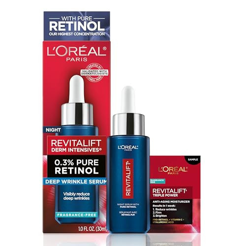 L'Oreal Paris Revitalift 0.3% Pure Retinol Night Serum, Reduce Deep Wrinkles, Fragrance Free 1 oz + Moisturizer Sample | Amazon (US)