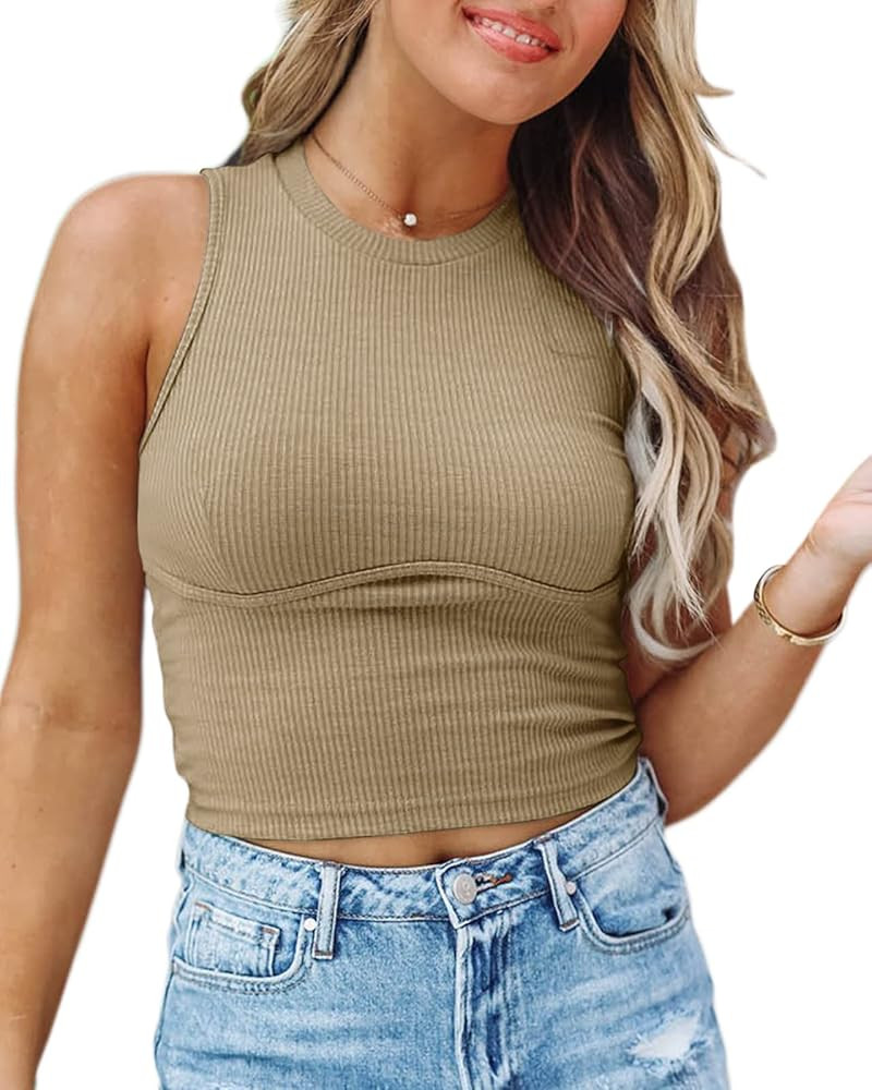 Tutorutor Women Basic Sleeveless Vest Crop Tops Casual Crew Neck Racerback Ribbed Tank Top | Amazon (US)