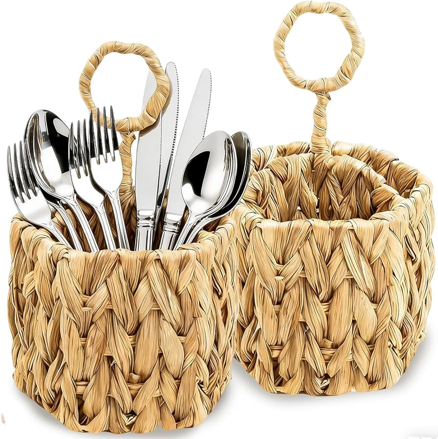 Hiceeden 2 Pack Woven Silverware Caddy with Handle, Natural Water Hyacinth Flatware Holder Organi... | Amazon (US)