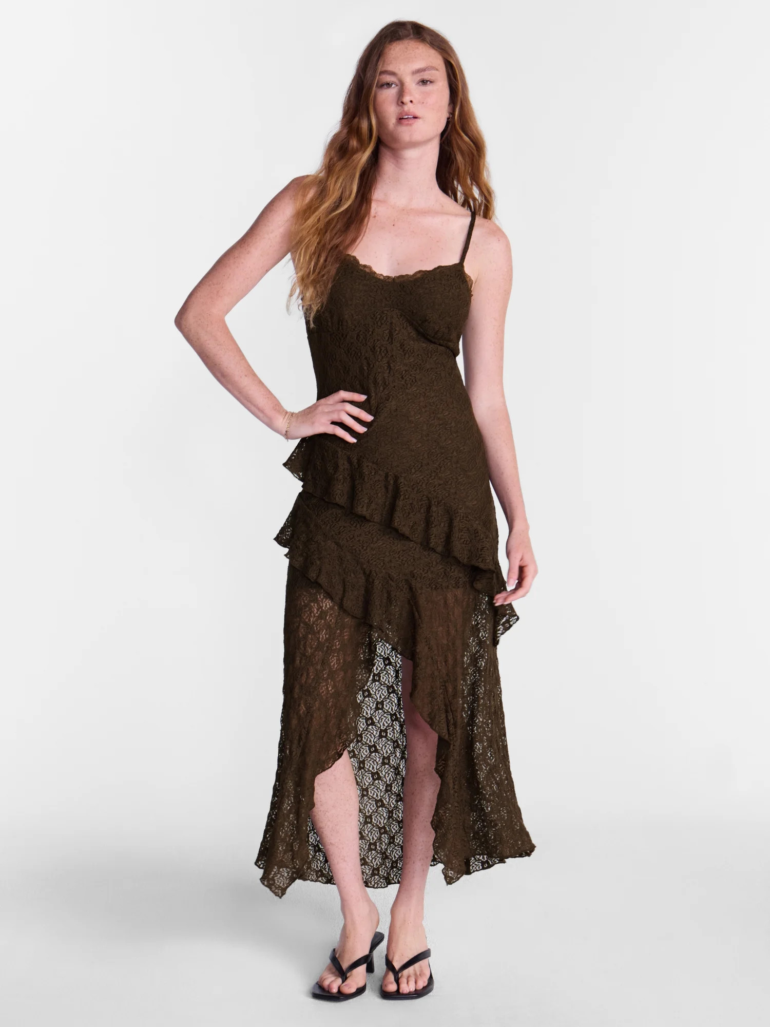 No Boundaries Lace Ruffle High Low Midi Dress, Women’s XXS-XXL | Walmart (US)