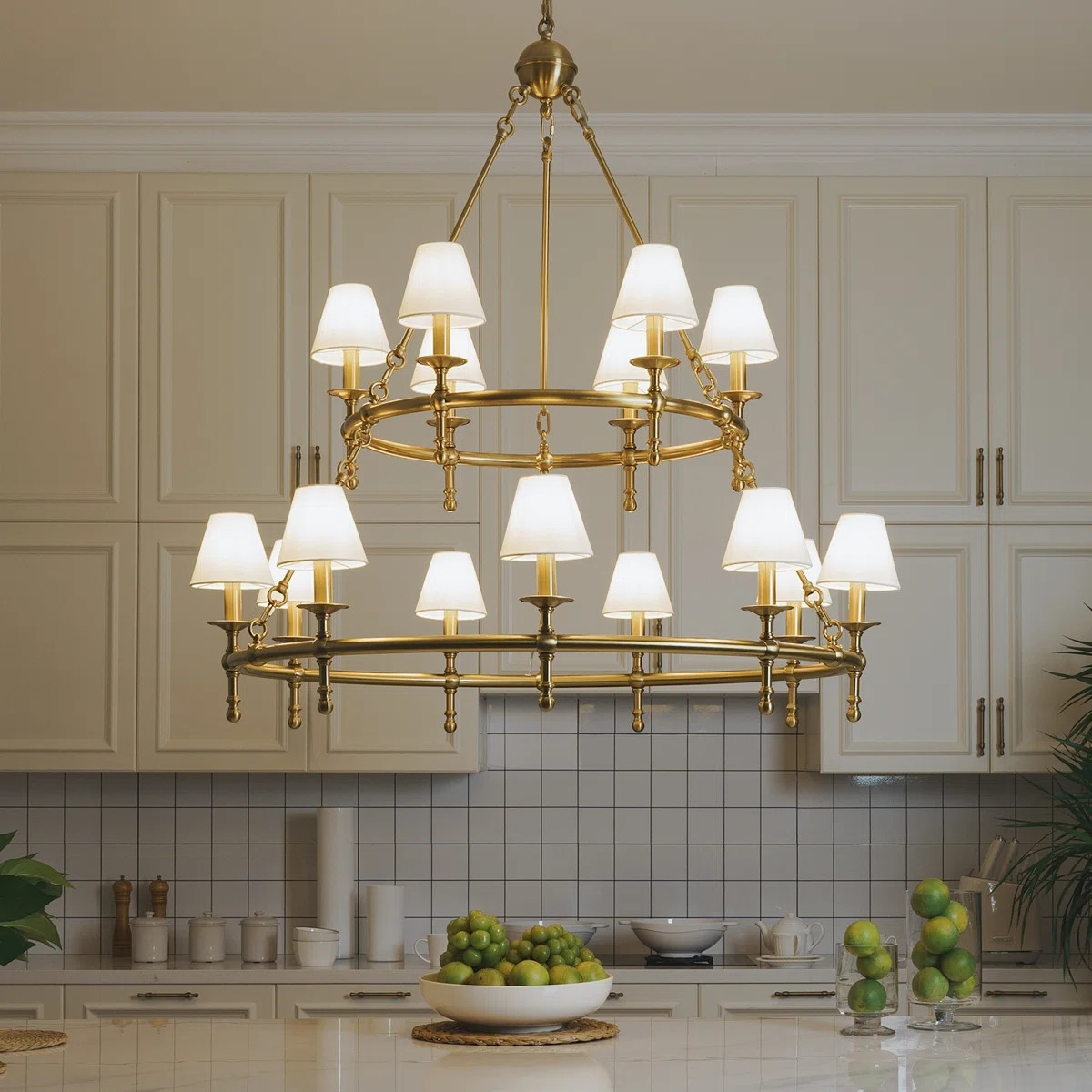 47'' 15-light Two-tier Vintage Brass Chandelier With White Fabric Shades For High Ceilings And La... | Wayfair North America