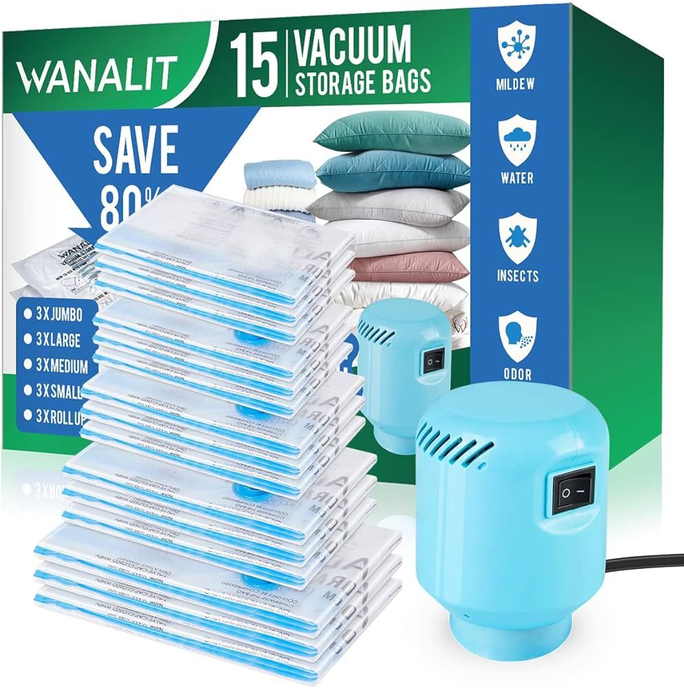 Vacuum Storage Bags with Electric Air Pump, 15 Pack (3 Jumbo, 3 Large, 3 Medium, 3 Small, 3 Roll ... | Amazon (US)