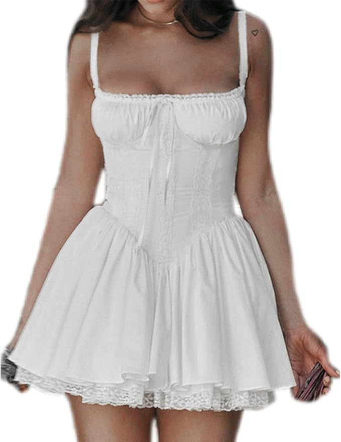 OBEEII Womens Corset Mini Dress Sexy Sleeveless Backless Low Cut Lace Short Dress Ruffle Summer S... | Amazon (US)