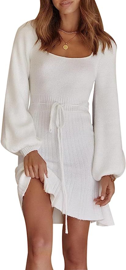MASCOMODA Women's Fashion Lantern Long Sleeve Cutout Mini Sweater Dress Crewneck Slim Fit Solid A... | Amazon (US)