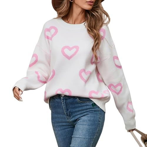 Women's Cute Heart Sweater Crewneck Long Sleeve Oversized Love Sweaters Pullover Tops Valentine's Day Knit Sweatshirts (Heart Pink, L) | Amazon (US)