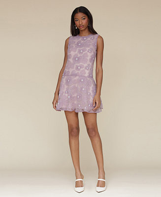 Avec Les Filles Women's Drop-Waist Beaded Floral Flounce Mini Dress - Macy's | Macy's