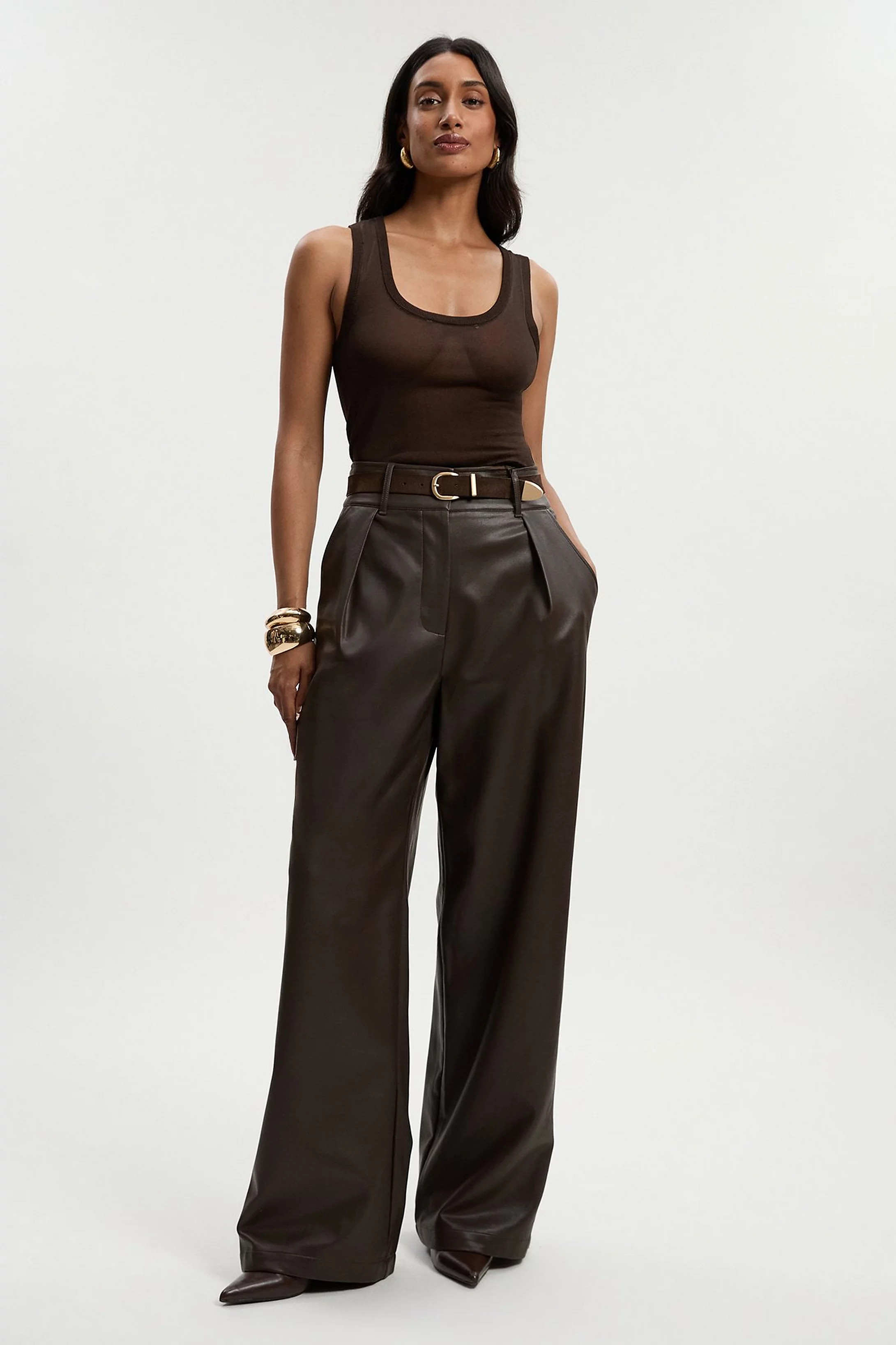 Faux Leather High Waisted Wide Leg Trousers | Karen Millen UK + IE + DE + NL