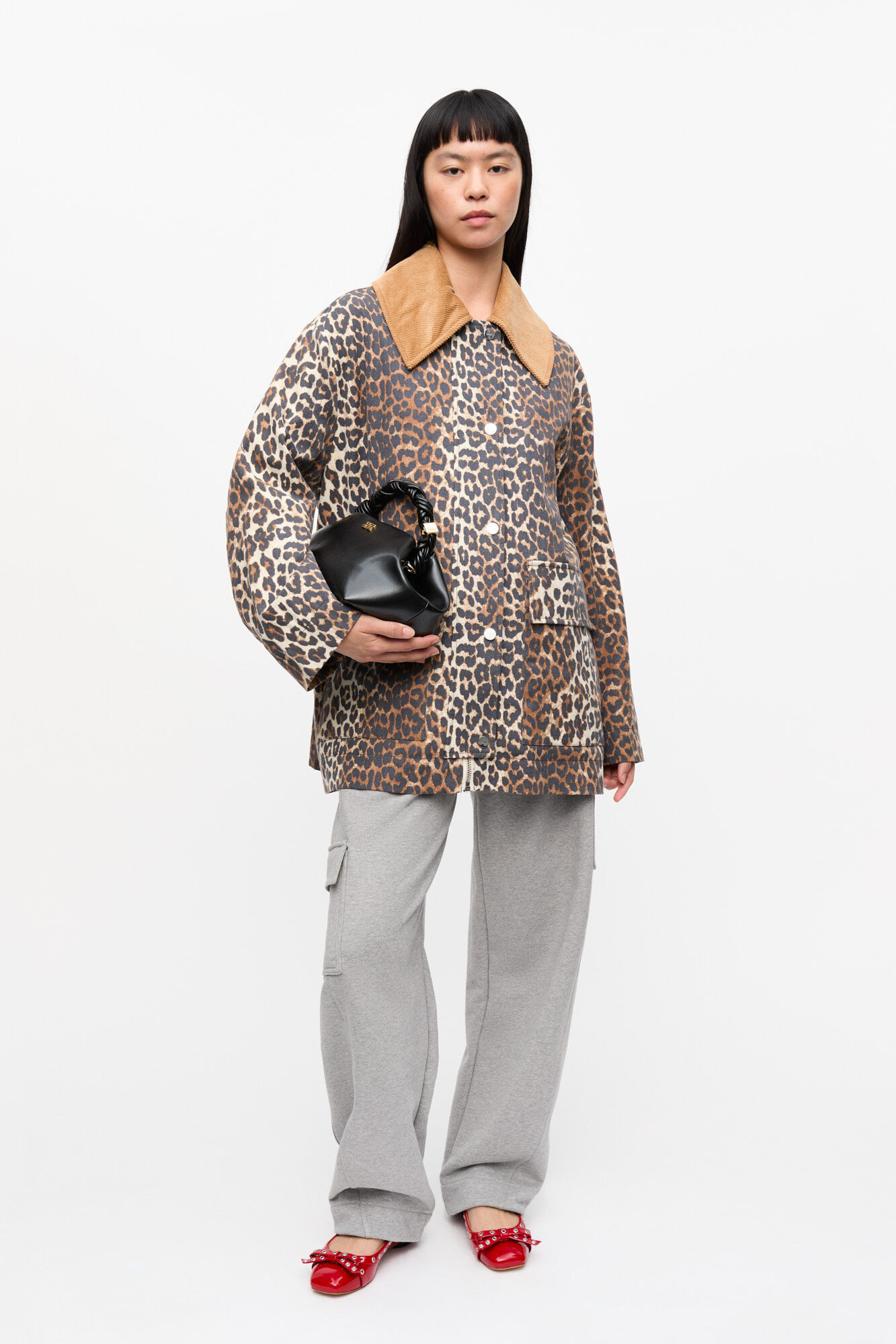GANNI Brown Leopard Printed Canvas Midi Jacket - Size L/XL Organic Cotton | Ganni