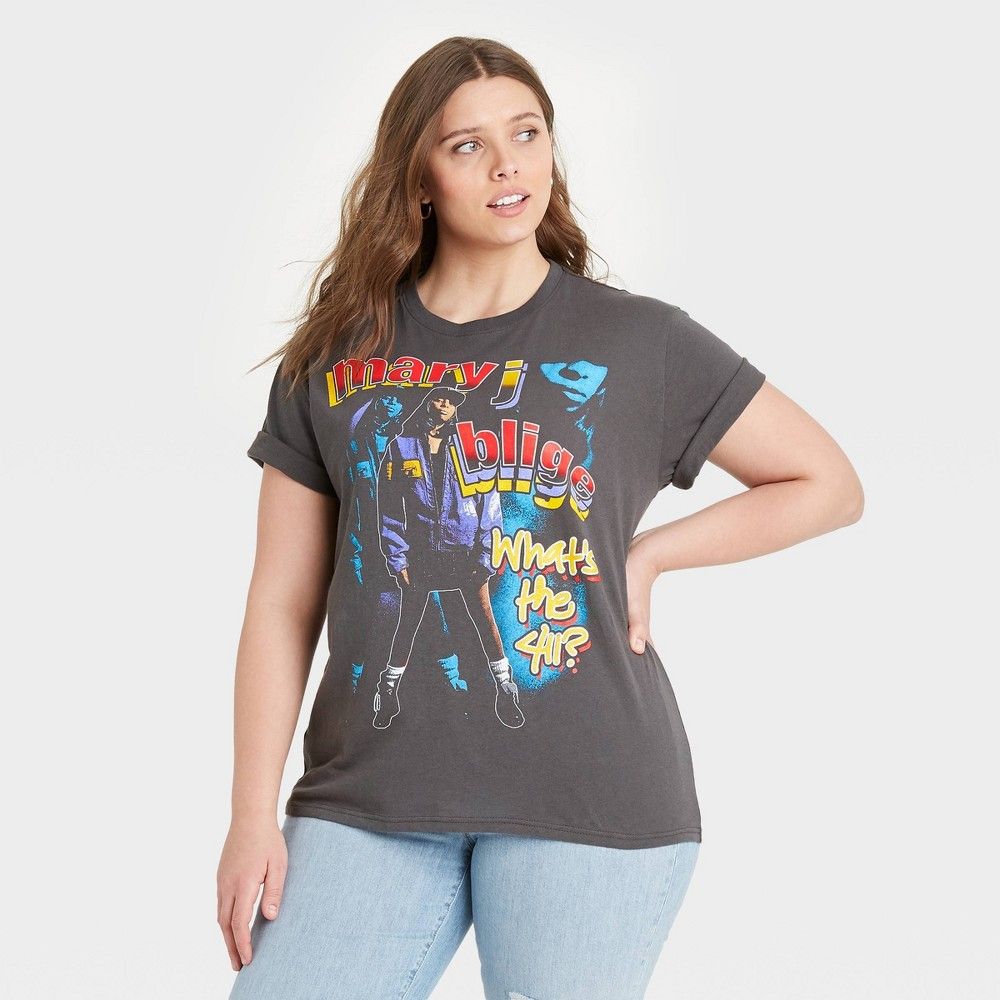 Women's Mary J Blige Plus Size Short Sleeve Graphic T-Shirt - Charcoal Gray | Target