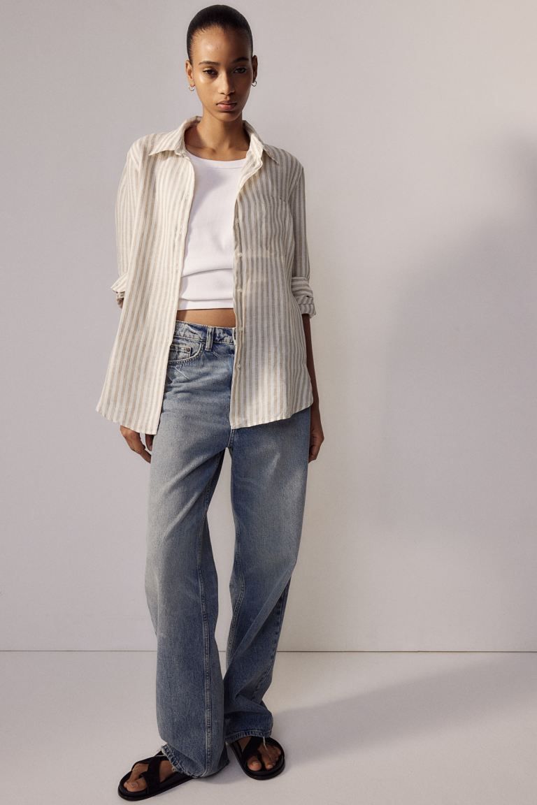 Linen Shirt - Long sleeve - Regular length - Beige/striped - Ladies | H&M US | H&M (US + CA)