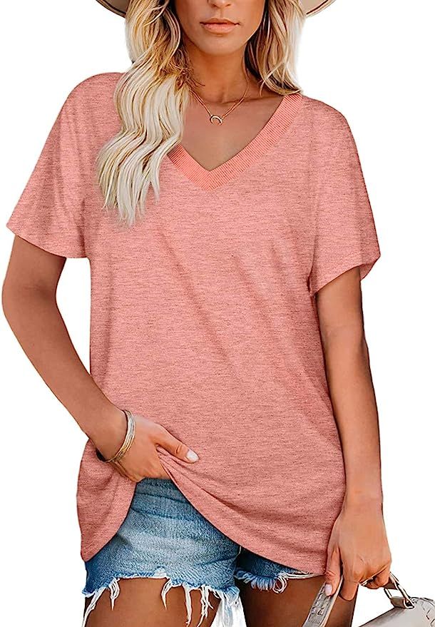 Angerella Womens T Shirts V Neck Short Sleeve Tops Summer Casual Loose Fit | Amazon (US)