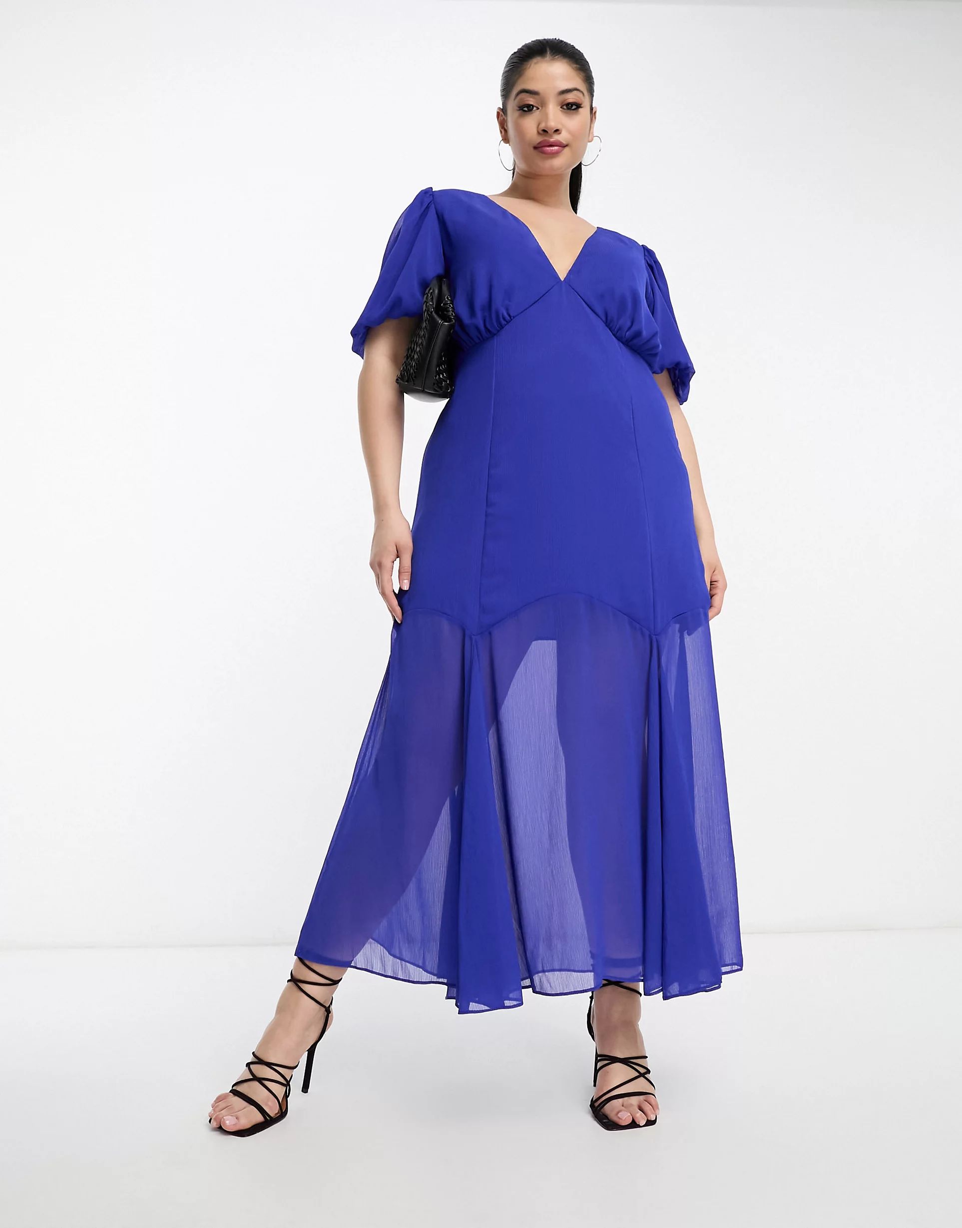 ASOS DESIGN Curve chiffon V-neck midi dress with flutter sleeves and godet hem in cobalt | ASOS (Global)
