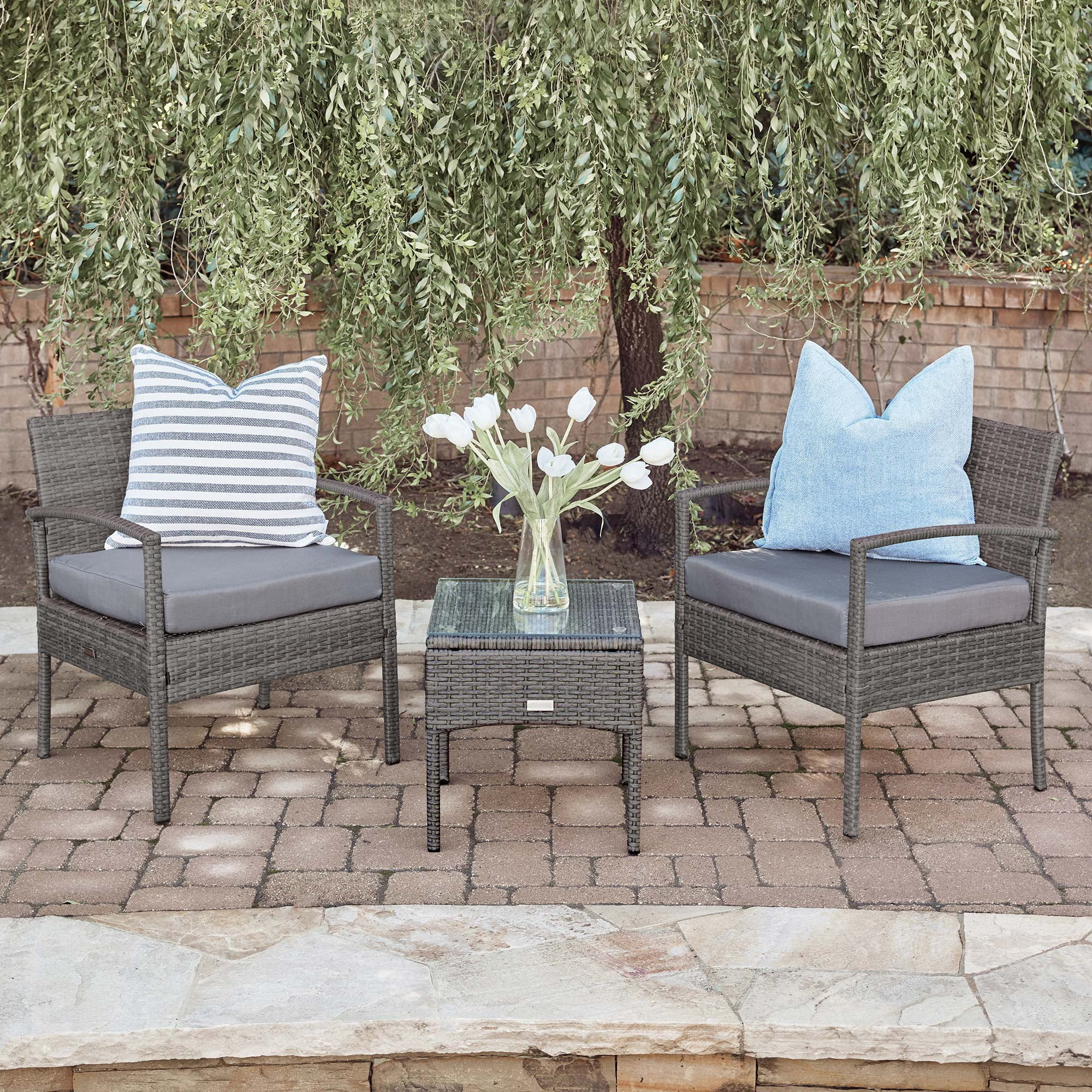 BELLEZE Wickered Furniture Outdoor Set 3 Piece Patio Outdoor Rattan Patio Set Two Chairs One Glas... | Walmart (US)