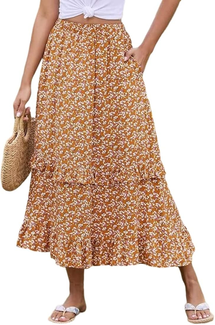 Zeagoo Floral Skirt Midi Long Skirt Elastic High Waist Pleated Ruffle Skirt with Pocket | Amazon (US)