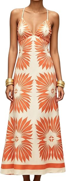 Milumia Women's Boho Floral Maxi Dress V Neck Backless Sleeveless Dresses | Tropical Print, Adjus... | Amazon (US)