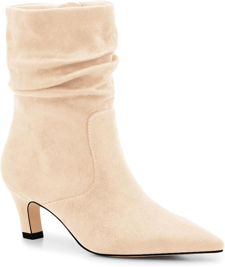 Coutgo Women's Slouchy Ankle Boots Low Kitten Heel Pointed Toe Booties Side Zipper Fall Shoes | Amazon (US)