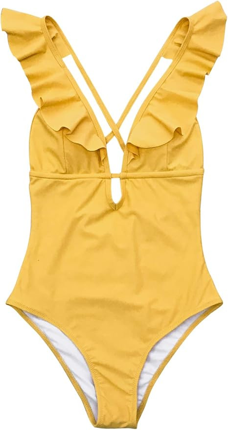 CUPSHE Women's One Piece Swimsuit Ruffle Deep V Neck Strappy Swimwear Bathing Suits | Amazon (US)