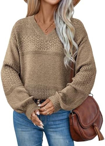 ATHMILE Sweaters for Women Fall Outfits Oversized Long Sleeve V Neck Crochet Sweaters Lightweight... | Amazon (US)