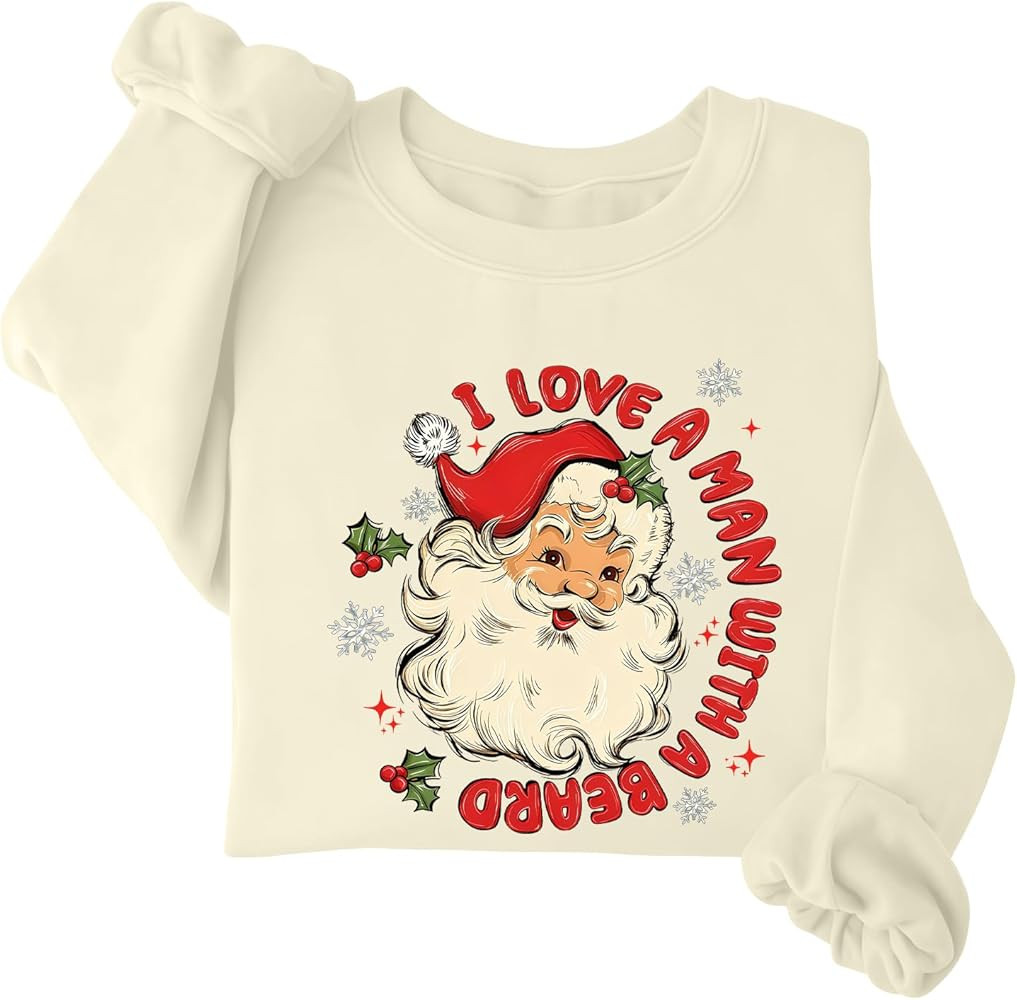 I Love A Man With A Beard Santa Sweatshirt, Funny Retro Humor Santa Christmas Sweatshirt | Amazon (US)