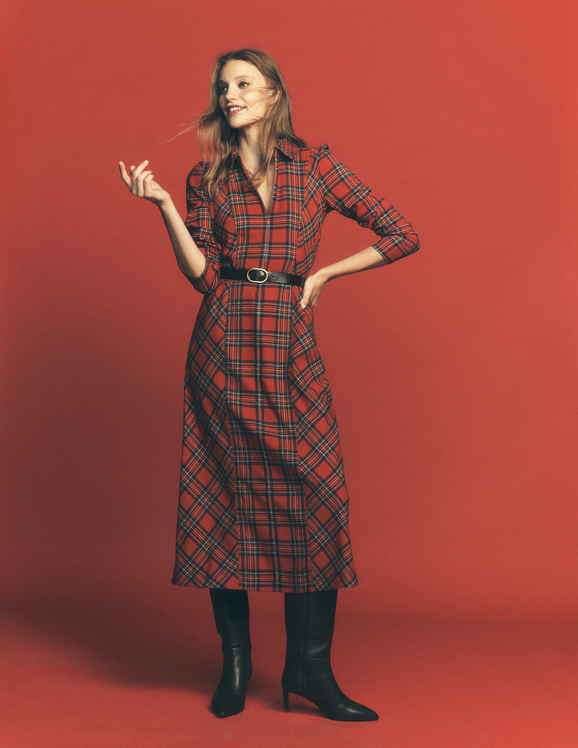 Una Collared Check Midi Dress-Red, Blue and Green Check | Boden (US)