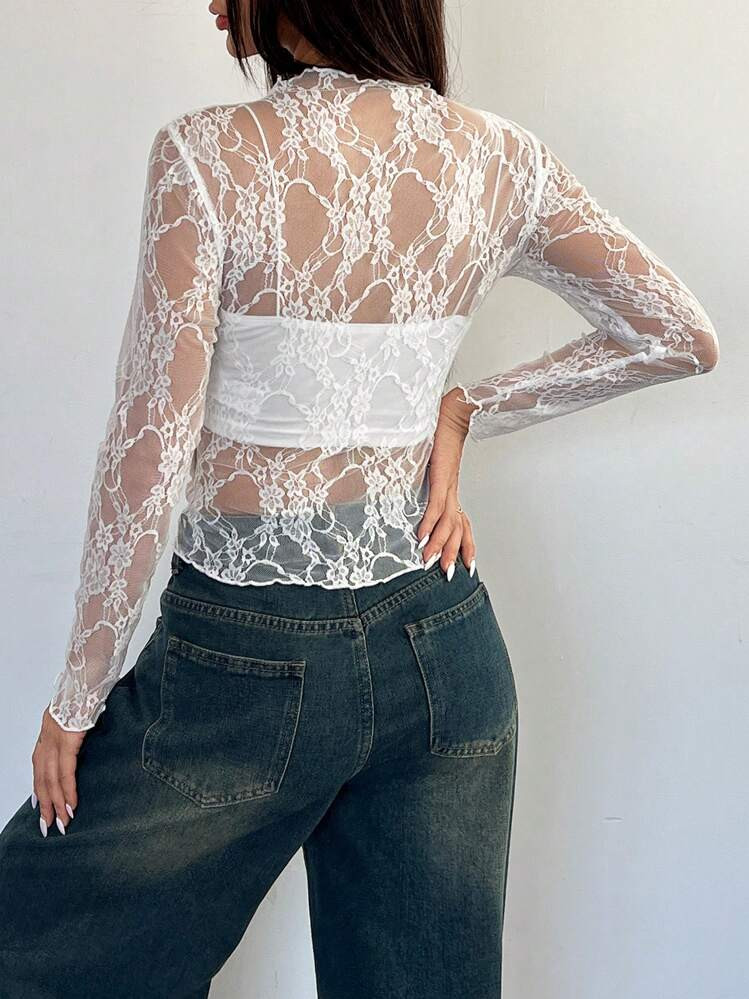 SHEIN PETITE Women Floral Lace Ruffled Trim Sheer Sexy Top , Round Neck Long Sleeve (Random Cut) ... | SHEIN