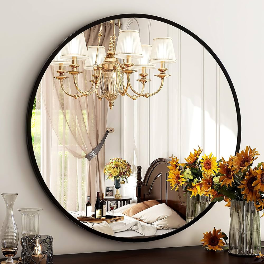 HARRITPURE Round Mirror 18 Black Wall Mounted Circle Mirrors Vanity Mirror with Brushed Aluminum ... | Amazon (US)