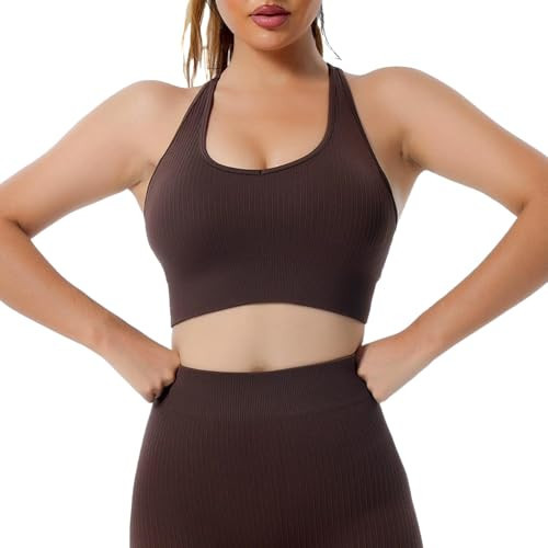 1 Piece Workout Sets for Women Gym Outfits High Waist Yoga Leggings Or Long Sleeve Crop Top with Zipper(Warm-Brown-Bra,Small) | Amazon (US)