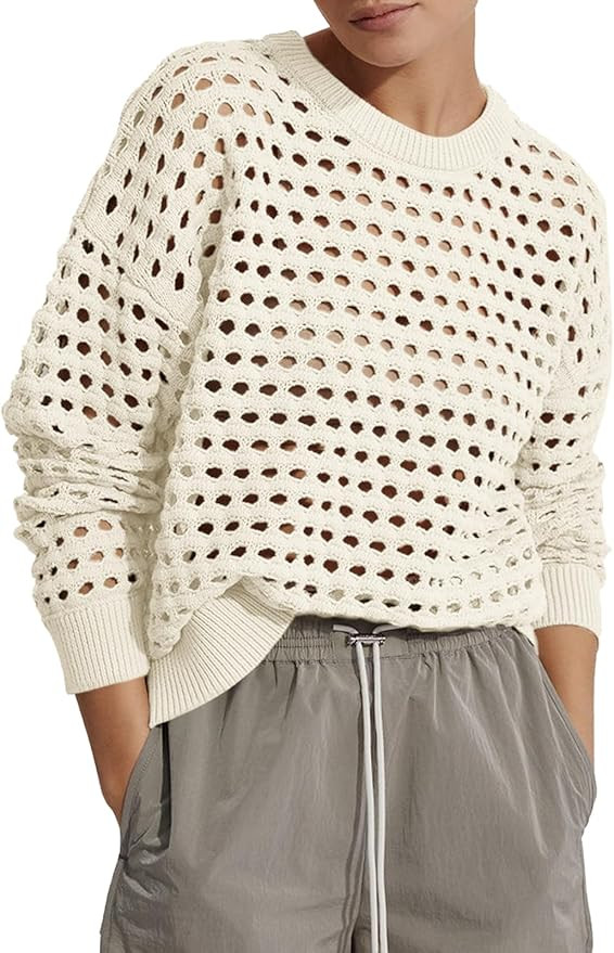 Langwyqu Womens Oversized Crochet Sweaters Trendy Sexy Knit Cotton Crew Neck Long Sleeve Hollow O... | Amazon (US)