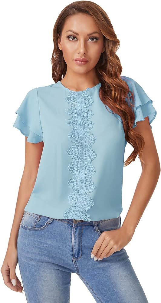 SheIn Women's Summer Ruffle Short Sleeve Lace Chiffon Blouse Workwear Top Shirts | Amazon (US)