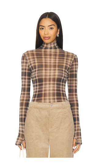 Plaid Mesh Long Sleeve Turtleneck Top in Plaid | Revolve Clothing (Global)